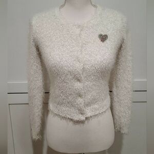 Billieblush White Fuzzy Knit Cardigan Sweater with Sequin Heart | Size 10